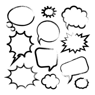 Fırça darbeleri, mürekkep lekeleri, akrilik lekeler ya da kömür çizgileri olan Grunge çizgi roman kabarcıkları. El çizimi eski çizgi film çıkartmaları. Sohbet, mesaj kutusu. Vektör illüstrasyonu.