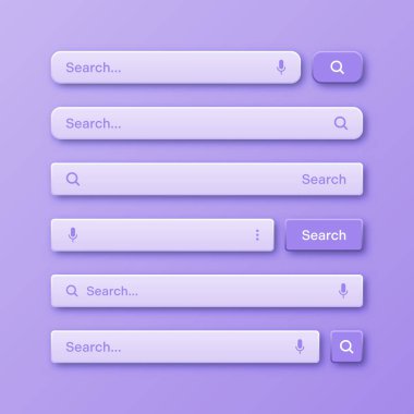 Renkli 3D arama çubuğu şablonları. Arama kutusu, adres çubuğu ve metin alanı olan internet tarayıcı motoru. Kullanıcı tasarımı, web arayüzü ögesi web simgeleri ve düğmeye basın. Vektör illüstrasyonu.