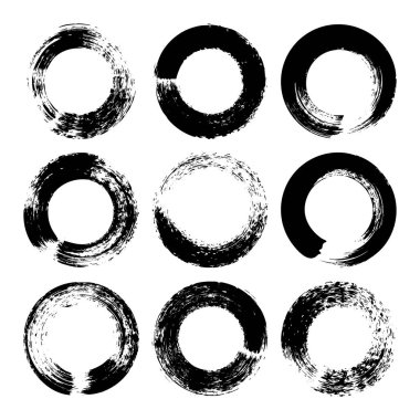 Grunge daireleri, fırça darbeleri, çizgiler, mürekkep lekeleri, elle çizilmiş karalama şekilleri. El yapımı kabataslak izler, akrilik lekeler, kömür çizgileri. Boya dokuları, kuru fırça etkisi. Vektör illüstrasyonu.