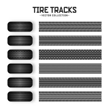 Lastik izleri, lastik tekerlekler ve fren izleri. Kamyon, araba ya da motosiklet lastiği siluetleri. Araba yarışları, motor sporları ve hız ile ilgili tasarımlar için mükemmel. Vektör illüstrasyonu.