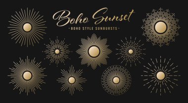 Klasik altın güneş patlaması, günbatımı ışınları koleksiyonu. Boho tarzı, modern minimalist bohem tasarımı. El çizimi güneş patlaması, ışık ışınları. Logotype ya da harfli retro tasarım öğesi. Vektör illüstrasyonu.