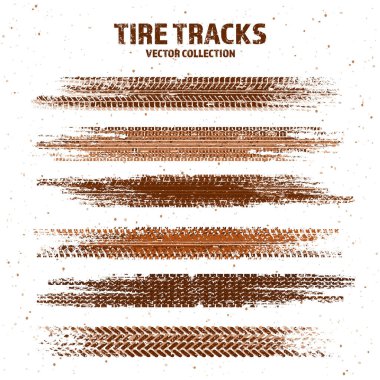 Çamur lekeli Grunge lastik izleri, kirli tekerlek fren izleri. Kamyon, araba ya da motosiklet lastiği siluetleri. Off-road, motor sporu ve yarış tasarımları için mükemmel. Vektör illüstrasyonu.