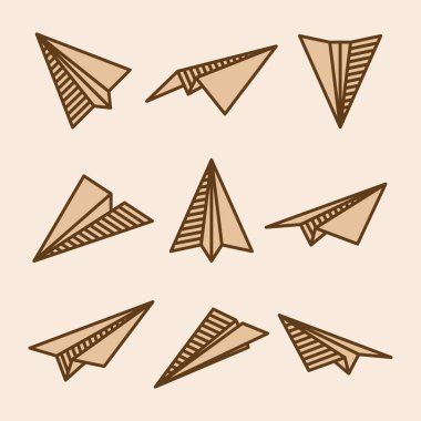 Şeffaf arka planda el yapımı gerçekçi kağıt uçaklar koleksiyonu. Origami uçağı düz stil. Vektör illüstrasyonu