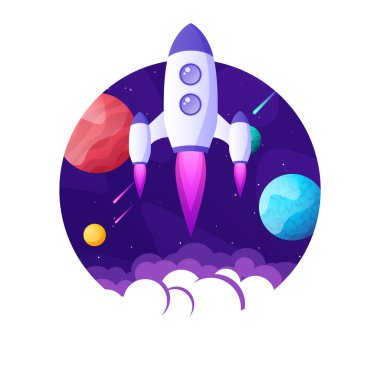 Roket fırlatma, gezegenler ve yıldızlarla dolu fütüristik uzay arkaplanı. Çizgi film yıldızgemisi, gece gökyüzünde uzay gemisi. Güneş sistemi, galaksi ve evren keşfi. Vektör illüstrasyonu.