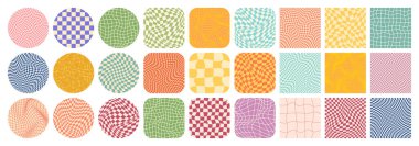 Dama desenli, renkli döşemeli. Klasik dalgalı eğimli arka plan, bozulma etkisi. Garip geometrik satranç tahtası dokusu, 90 'ların tarzında retro arka plan, y2k. Vektör illüstrasyonu.