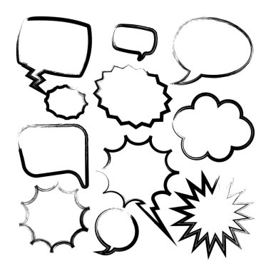 Fırça darbeleri, mürekkep lekeleri, akrilik lekeler ya da kömür çizgileri olan Grunge çizgi roman kabarcıkları. El çizimi eski çizgi film çıkartmaları. Sohbet, mesaj kutusu. Vektör illüstrasyonu.