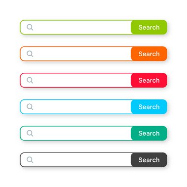 Various search bar templates. Internet browser engine with search box, address bar and text field. UI design, website interface element with web icons and push button. Vector illustration.