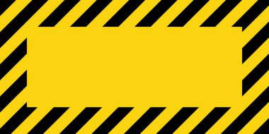 Sarı ve siyah köşegen çizgileri olan uyarı işareti. Dikkat, tehlike ya da uyarı sembolü. İnşaat alanı tabelası, yol güvenliği uyarısı, tehlike bayrağı, güvenlik alarmı kalkanı. Vektör illüstrasyonu.