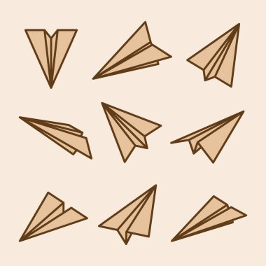 Şeffaf arka planda el yapımı gerçekçi kağıt uçaklar koleksiyonu. Origami uçağı düz stil. Vektör illüstrasyonu