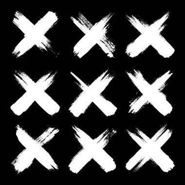 Grunge haçları, fırça darbeleri, x işareti, çizgiler, mürekkep lekeleri, elle çizilmiş karalama şekilleri. El yapımı kabataslak izler, akrilik lekeler, kömür çizgileri. Boya dokuları, kuru fırça etkisi. Vektör illüstrasyonu.