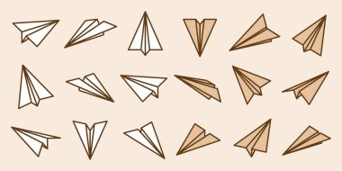 Şeffaf arka planda el yapımı gerçekçi kağıt uçaklar koleksiyonu. Origami uçağı düz stil. Vektör illüstrasyonu
