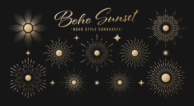Klasik altın güneş patlaması, günbatımı ışınları koleksiyonu. Boho tarzı, modern minimalist bohem tasarımı. El çizimi güneş patlaması, ışık ışınları. Logotype ya da harfli retro tasarım öğesi. Vektör illüstrasyonu.