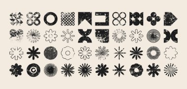 Acımasız geometrik şekiller, modern grunge sembolleri. Basit ilkel elementler ve formlar, sıkıntılı detaylar. Retro tasarım, yaş, eski moda, çağdaş minimalist tarz, y2k. Vektör illüstrasyonu.