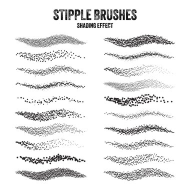 Mürekkep serpme fırçası, benek çizimi ve dokusu. Gittikçe azalıyor. Noktalama, noktalama çizimi, noktalar kullanarak gölgeleme. Yarım ton bozunma etkisi. Beyaz gürültü tanecikli doku. Vektör illüstrasyonu.