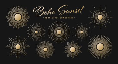 Klasik altın güneş patlaması, günbatımı ışınları koleksiyonu. Boho tarzı, modern minimalist bohem tasarımı. El çizimi güneş patlaması, ışık ışınları. Logotype ya da harfli retro tasarım öğesi. Vektör illüstrasyonu.