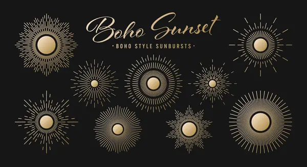 Klasik altın güneş patlaması, günbatımı ışınları koleksiyonu. Boho tarzı, modern minimalist bohem tasarımı. El çizimi güneş patlaması, ışık ışınları. Logotype ya da harfli retro tasarım öğesi. Vektör illüstrasyonu.