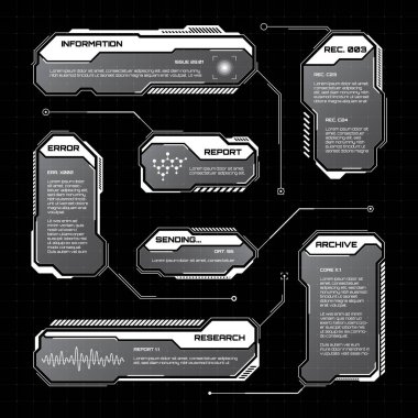 Beyaz fütüristik İYİ, UI elementleri. Bilim kurgu kullanıcı arayüzü mesaj kutuları, çağrılar. Uyarı ileti çerçeveleri, bilgi kutuları şablonu. Modern oyun arayüzü düzeni dijital stilde. Vektör illüstrasyonu.