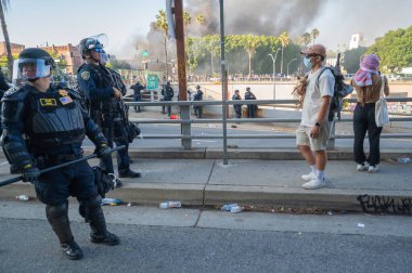 Los Angeles, ABD, 8 Haziran 2025: İ.T. operasyonlarının genişletilmesi ve göçmen haklarına destek gösterileri sırasında köpekleriyle birlikte polisle karşı karşıya gelen protestocular
