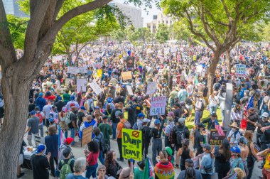 Los Angeles, Kaliforniya, ABD, 14 Temmuz 2025, Hükümetin politikalarını protesto eden ve demokrasi ve göçmen haklarını destekleyen protestocular ellerinde sloganlar tutuyorlar..