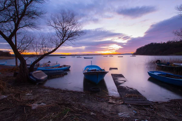 Isparta Eirdir Lago Amanecer Barcos Pesca — Foto de Stock