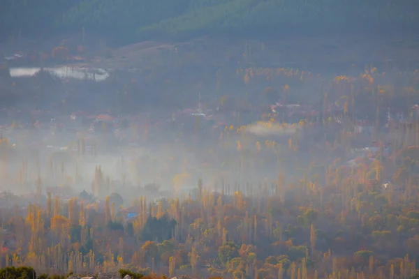 牡牛座山 初期の日霧と秋 — ストック写真