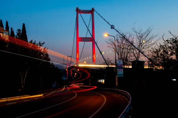 Istanbul Bosphorus Bridge Noci Most Mučedníků Července Temmuz Sehitler Koprusu — Stock fotografie
