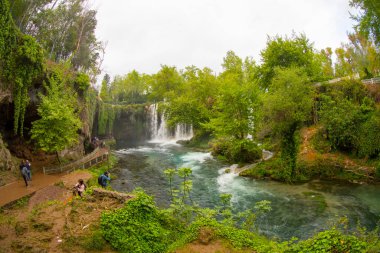 Duden şelalesi Antalya hindisi. Yeşil ağaçlı vahşi yaz. Duden Şelalesi 'nde panoramik manzara. Açık hava şelalesi. Hindi doğa manzarası. Şelale Ormanı Doğa.
