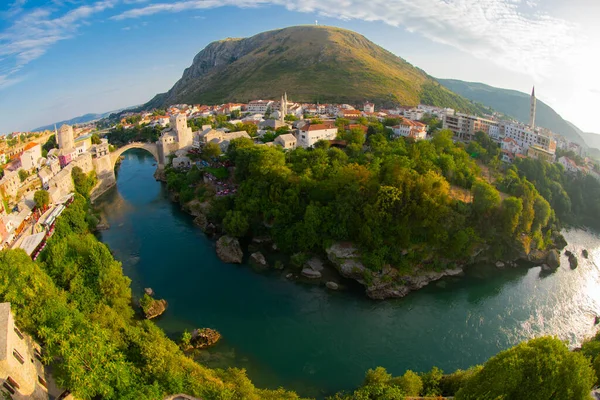 Panorama Starego Mostu Mostarze Piękny Letni Dzień Bośnia Hercegowina — Zdjęcie stockowe