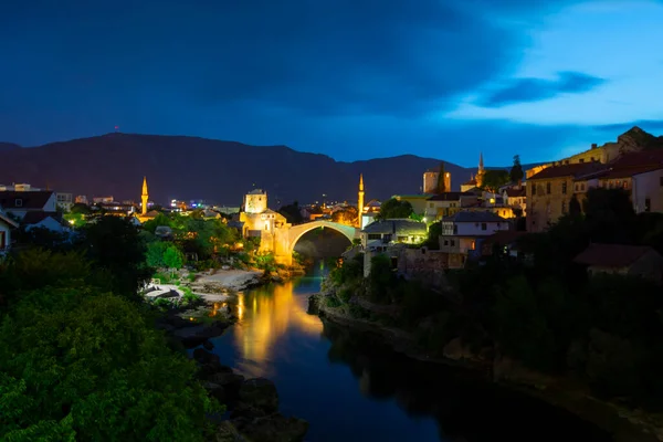 stock image Mostar Bridge and lightning strikes in the evening