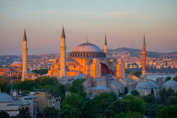 Beautiful view on Hagia Sophia in Istanbul, Turkey from top view at sunset