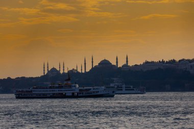 Türkiye, İstanbul ve yerel yüksek hızlı feribot veya deniz otobüsleri, su yollarının Boğazı boyunca seyahat eden yolcu ve turistleri ağırlıyor. Arka planda Mavi Cami, Ayasofya ve Topkapı Sarayı.