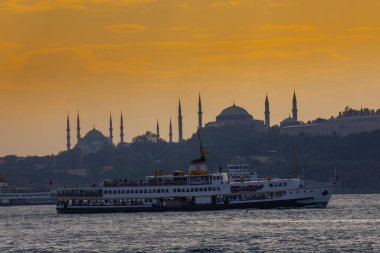 Türkiye, İstanbul ve yerel yüksek hızlı feribot veya deniz otobüsleri, su yollarının Boğazı boyunca seyahat eden yolcu ve turistleri ağırlıyor. Arka planda Mavi Cami, Ayasofya ve Topkapı Sarayı.