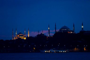 Türkiye, İstanbul ve yerel yüksek hızlı feribot veya deniz otobüsleri, su yollarının Boğazı boyunca seyahat eden yolcu ve turistleri ağırlıyor. Arka planda Mavi Cami, Ayasofya ve Topkapı Sarayı.