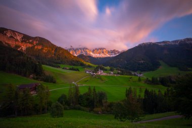 Chiesa di Santa Maddalena church, Kirche St. Magdalena, in Val di Funes valley of Dolomites, Dolomiti mountain, Santa Magdalena Alta, South Tyrol, Italy