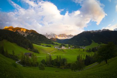 Chiesa di Santa Maddalena church, Kirche St. Magdalena, in Val di Funes valley of Dolomites, Dolomiti mountain, Santa Magdalena Alta, South Tyrol, Italy