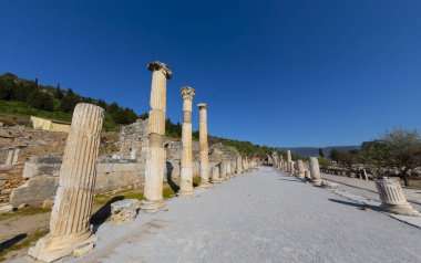  Efes, Türkiye 'nin Efes kentindeki antik tiyatro manzarası. Efes (Efes) bir UNESCO Dünya Mirası sitesidir..