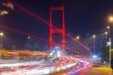 Günbatımında İstanbul Boğazı 'nın muhteşem panoramik manzarası. İstanbul Boğaz Köprüsü (15 Temmuz Şehitler Köprüsü. Türkçe: 15 Temmuz Sehitler Koprusu). Güzel peyzaj Türkiye.