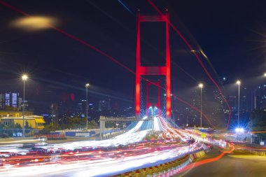 Günbatımında İstanbul Boğazı 'nın muhteşem panoramik manzarası. İstanbul Boğaz Köprüsü (15 Temmuz Şehitler Köprüsü. Türkçe: 15 Temmuz Sehitler Koprusu). Güzel peyzaj Türkiye.