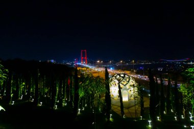 Günbatımında İstanbul Boğazı 'nın muhteşem panoramik manzarası. İstanbul Boğaz Köprüsü (15 Temmuz Şehitler Köprüsü. Türkçe: 15 Temmuz Sehitler Koprusu). Güzel peyzaj Türkiye.