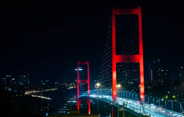 stock image Awesome Panoramic view of Istanbul Bosphorus on sunset. Istanbul Bosphorus Bridge (15 July Martyrs Bridge. Turkish: 15 Temmuz Sehitler Koprusu). Beautiful landscape Turkey.