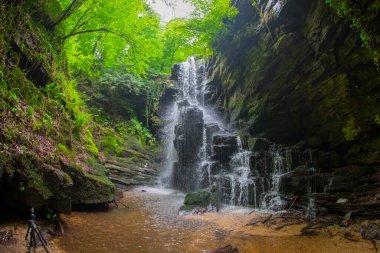 Ormanda ilkbahar manzarası ve muhteşem şelale. Dagpinar Milli Parkı, Bursa, Türkiye