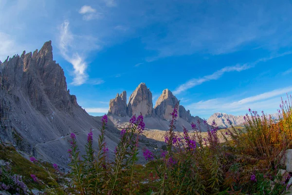 Dolomity Trzy Szczyty Lavaredo Panoramiczny Obraz Włoskich Dolomitów Słynnymi Trzema — Zdjęcie stockowe