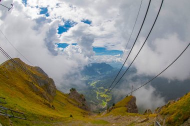 Seceda zirvesinde harika bir manzara. Trentino Alto Adige, Dolomites Alps, Güney Tyrol, İtalya, Avrupa. Odle dağ sırası, Val Gardena. Majestic Furchetta zirvesi. Sabah güneşinde mor çiçekler.