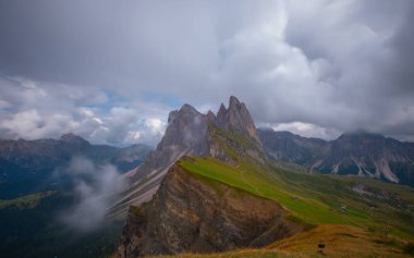 Seceda zirvesinde harika bir manzara. Trentino Alto Adige, Dolomites Alps, Güney Tyrol, İtalya, Avrupa. Odle dağ sırası, Val Gardena. Majestic Furchetta zirvesi. Sabah güneşinde mor çiçekler.