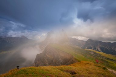 Seceda zirvesinde harika bir manzara. Trentino Alto Adige, Dolomites Alps, Güney Tyrol, İtalya, Avrupa. Odle dağ sırası, Val Gardena. Majestic Furchetta zirvesi. Sabah güneşinde mor çiçekler.