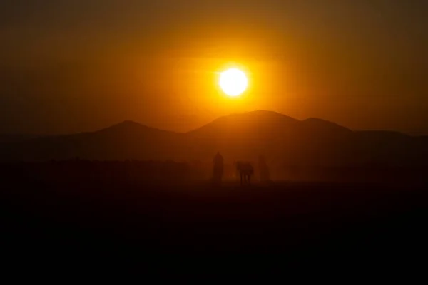 Sun rays leaking from dust of wild horses. Near Hormetci Village, between Cappadocia and Kayseri, Turkey