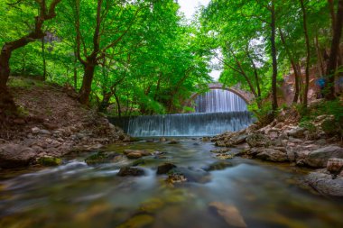 Paleokarya, eski, taş, iki şelaleler arasında köprü kemerli. Tırhala ili, Thessaly, Yunanistan