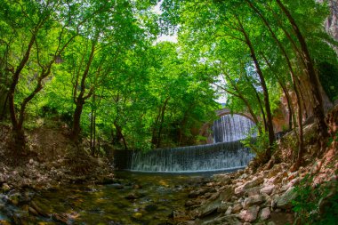 Paleokarya, eski, taş, iki şelaleler arasında köprü kemerli. Tırhala ili, Thessaly, Yunanistan