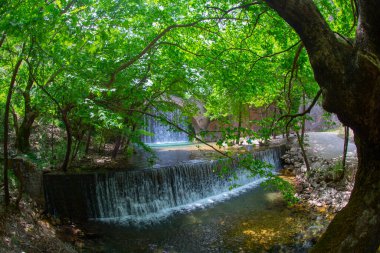 Paleokarya, eski, taş, iki şelaleler arasında köprü kemerli. Tırhala ili, Thessaly, Yunanistan