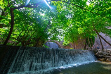 Paleokarya, eski, taş, iki şelaleler arasında köprü kemerli. Tırhala ili, Thessaly, Yunanistan